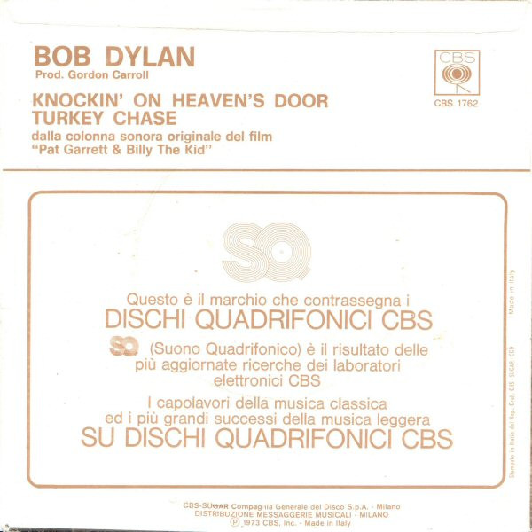 Bob Dylan - Knockin' On Heaven's Door / Turkey Chase | CBS (CBS 1762) - 2