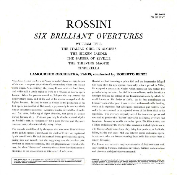 Gioacchino Rossini , Orchestre Des Concerts Lamoureux Conducted By Roberto Benzi - Overtures - William Tell : The Italian Girl In Algiers : The Silken Ladder : The Barber Of Seville : The Thieving Magpie : Cinderella | Fontana (SFL14056) - 2
