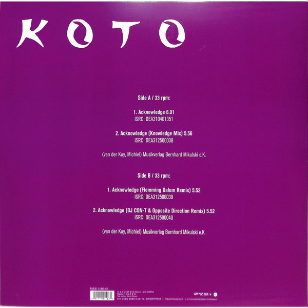 Koto - Acknowledge | ZYX Music (MAXI 1160-12) - 2
