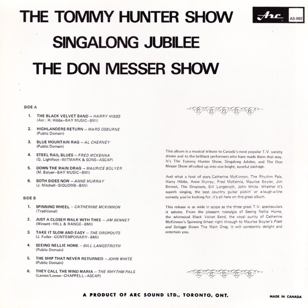 Various - The Tommy Hunter Show, Singalong Jubilee, The Don Messer Show | Arc Records (802) - 2 Various - The Tommy Hunter Show, Singalong Jubilee, The Don Messer Show | Arc Records (802) - 2