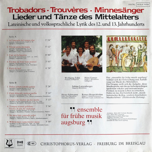 Ensemble für frühe Musik Augsburg - Trobadors = Trouvères = Minnesänger - Lieder Und Tänze Des Mittelalters (Lateinische Und Volkssprachliche Lyrik Des 12. Und 13. Jahrhunderts) | Christophorus (SCGLX 74 033) - 2