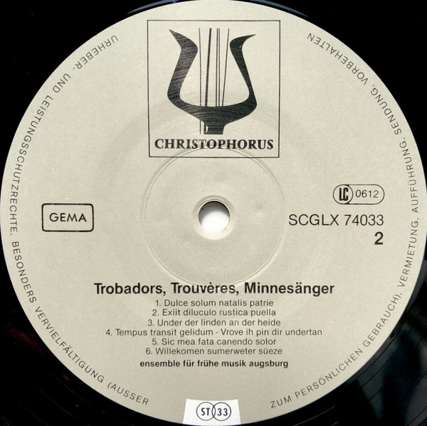 Ensemble für frühe Musik Augsburg - Trobadors = Trouvères = Minnesänger - Lieder Und Tänze Des Mittelalters (Lateinische Und Volkssprachliche Lyrik Des 12. Und 13. Jahrhunderts) | Christophorus (SCGLX 74 033) - 4