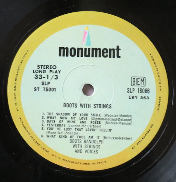Boots Randolph - Boots With Strings | Monument (SLP ST 75001) - 3 Boots Randolph - Boots With Strings | Monument (SLP ST 75001) - 3