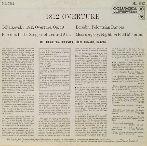 The Philadelphia Orchestra , Eugene Ormandy / Pyotr Ilyich Tchaikovsky , Alexander Borodin , Modest Mussorgsky - 1812 Overture [Vinyl] | Columbia Masterworks (ML 5392) - 2