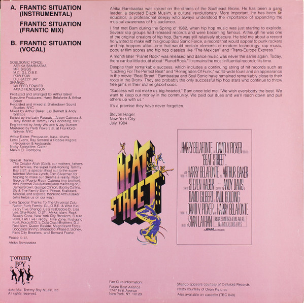 Afrika Bambaataa & Soulsonic Force With Shango - Frantic Situation | Tommy Boy (TB 849) - 3 Afrika Bambaataa & Soulsonic Force With Shango - Frantic Situation | Tommy Boy (TB 849) - 3