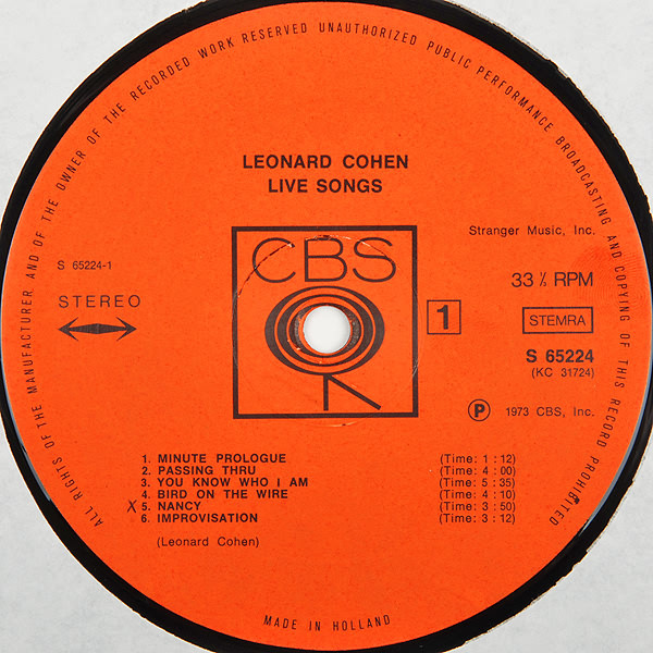 Leonard Cohen - Live Songs | CBS (S 65224) - 3 Leonard Cohen - Live Songs | CBS (S 65224) - 3