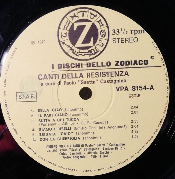 Gruppo Folk Italiano A Cura Di Paolo Castagnino - Canti Della Resistenza | I Dischi Dello Zodiaco (VPA 8154) - main