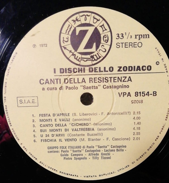Gruppo Folk Italiano A Cura Di Paolo Castagnino - Canti Della Resistenza | I Dischi Dello Zodiaco (VPA 8154) - 2