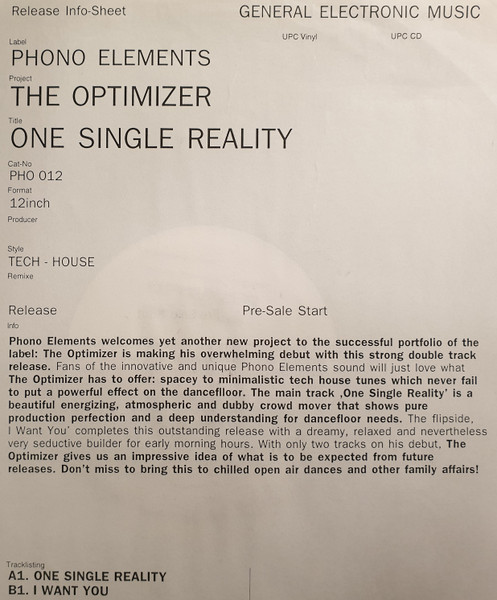 The Optimizer - One Single Reality | Phono Elements (PHO 012) - 2