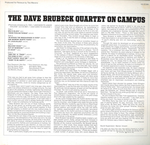 The Dave Brubeck Quartet - Brubeck On Campus | Columbia (KG 31298) - 3
