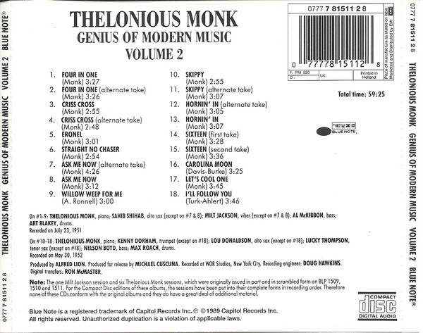 Thelonious Monk - Genius Of Modern Music Volume 2 | Blue Note (0777 7 81511 2 8) - 2