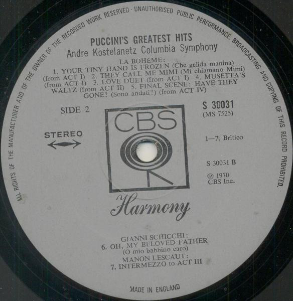 Giacomo Puccini , André Kostelanetz / Columbia Symphony Orchestra - Puccini's Greatest Hits | CBS Harmony (30031) - 4