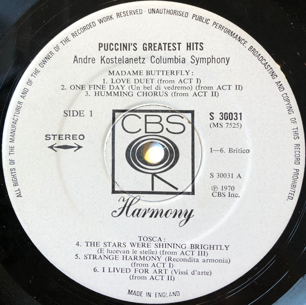 Giacomo Puccini , André Kostelanetz / Columbia Symphony Orchestra - Puccini's Greatest Hits | CBS Harmony (30031) - 3