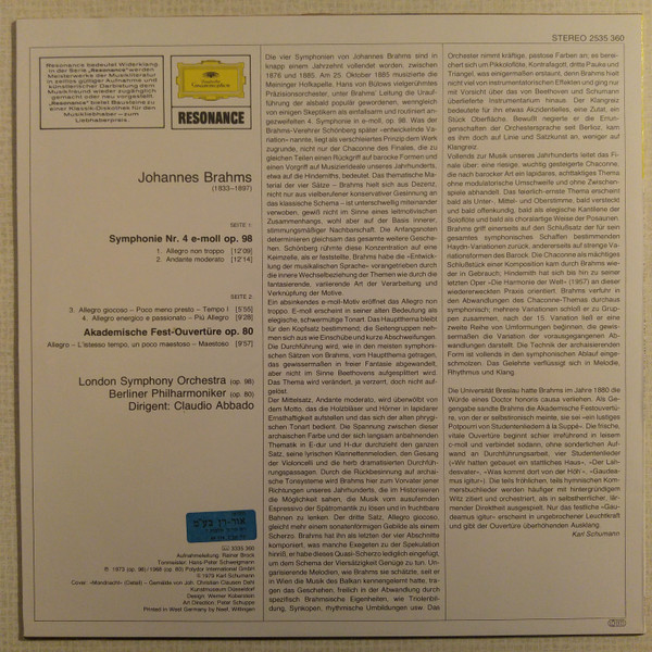 Johannes Brahms , London Symphony Orchestra , Berliner Philharmoniker , Claudio Abbado - Symphonie Nr.4 / Akademische Festouvertüre | Deutsche Grammophon (2535 360) - 2