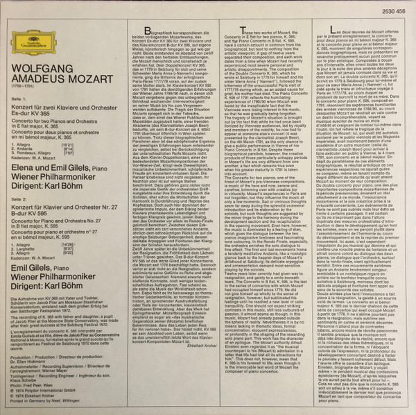 Wolfgang Amadeus Mozart / Emil Gilels , Elena Gilels , Karl Böhm , Wiener Philharmoniker - Klavierkonzert B-dur • Piano Concerto In B Flat Major KV 595 / Konzert Für Zwei Klaviere Es-dur • Concerto For Two Pianos In E Flat Major KV 365 [Vinyl] | Deutsche Grammophon (2530 456) - 2