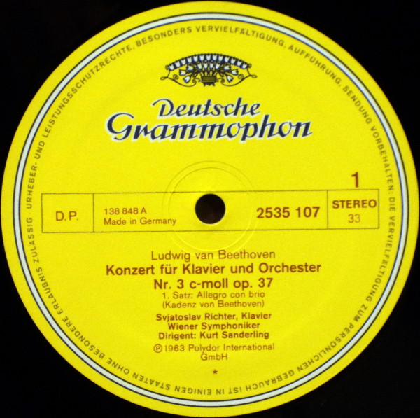 Ludwig van Beethoven – Sviatoslav Richter - Wiener Symphoniker , Kurt Sanderling - 3. Klavierkonzert / Rondo Für Klavier Und Orchester | Deutsche Grammophon (2535 107) - 3