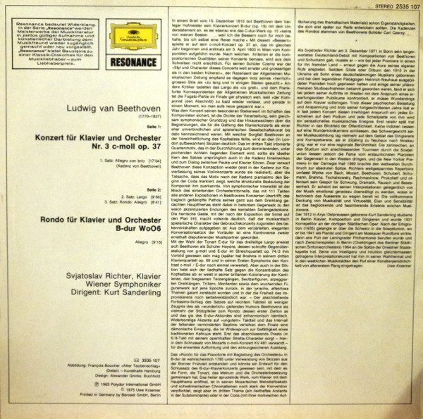 Ludwig van Beethoven – Sviatoslav Richter - Wiener Symphoniker , Kurt Sanderling - 3. Klavierkonzert / Rondo Für Klavier Und Orchester | Deutsche Grammophon (2535 107) - 2