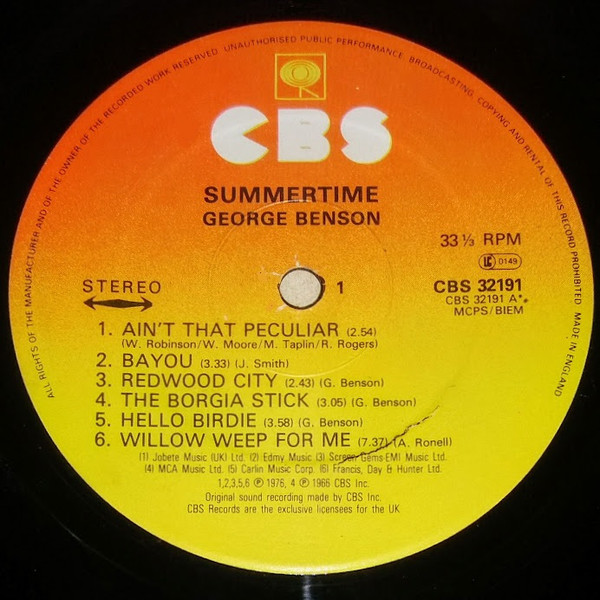 George Benson - Summertime | CBS (CBS 32191) - 2 George Benson - Summertime | CBS (CBS 32191) - 2