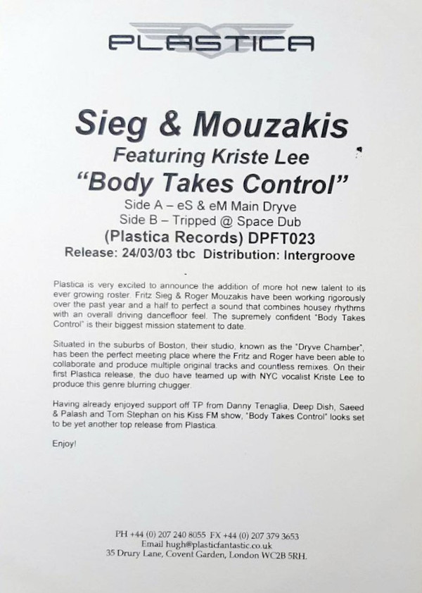 Sieg & Mouzakis Featuring Kriste Lee - Body Takes Control | Plastica (DPFT023)