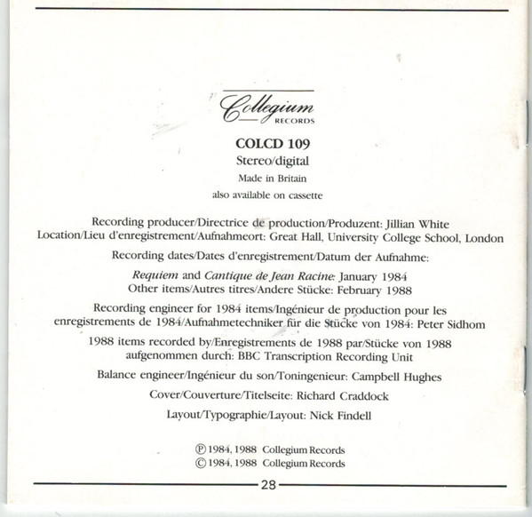 Gabriel Fauré - The Cambridge Singers , City Of London Sinfonia Directed By John Rutter - Requiem (1893 Version) And Other Choral Music | Collegium Records (COLCD 109) - 2