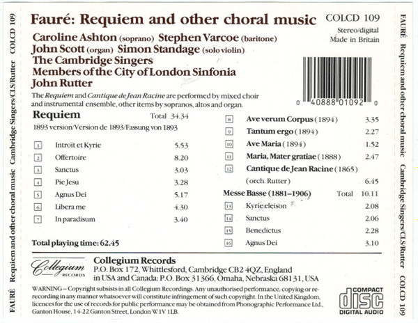 Gabriel Fauré - The Cambridge Singers , City Of London Sinfonia Directed By John Rutter - Requiem (1893 Version) And Other Choral Music | Collegium Records (COLCD 109) - 3