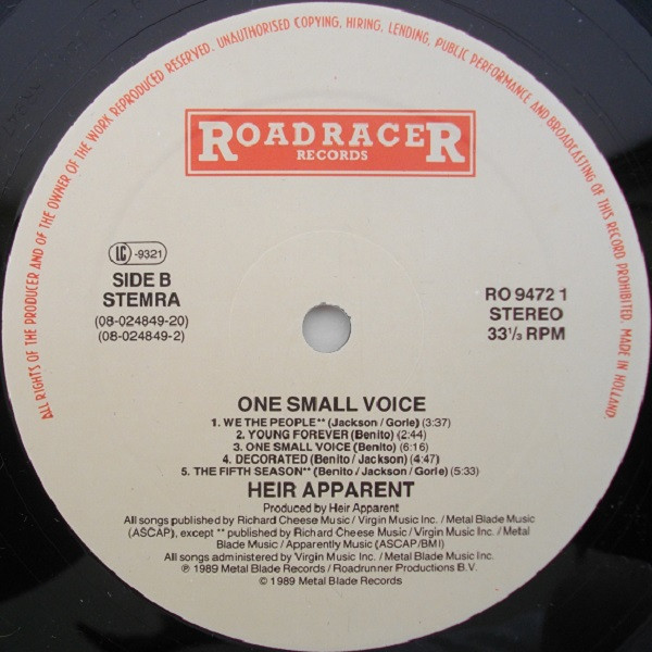Heir Apparent - One Small Voice | Roadracer Records (RO 9472 1) - 4