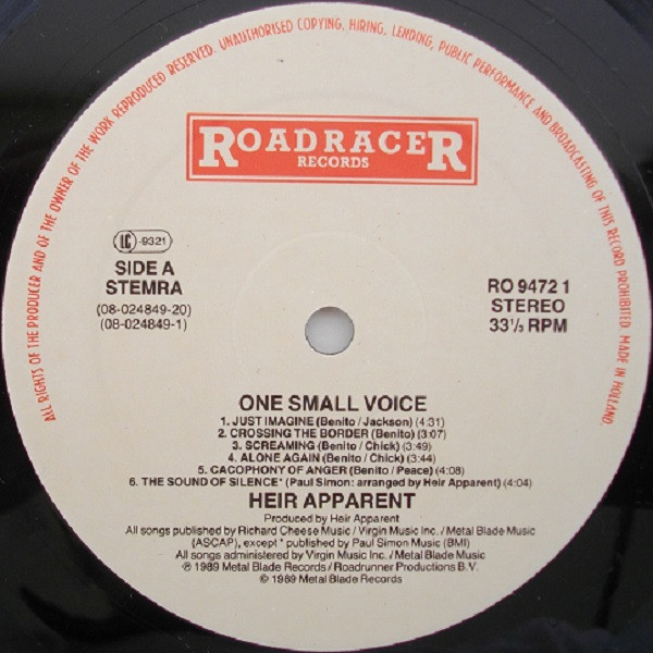 Heir Apparent - One Small Voice | Roadracer Records (RO 9472 1) - 3