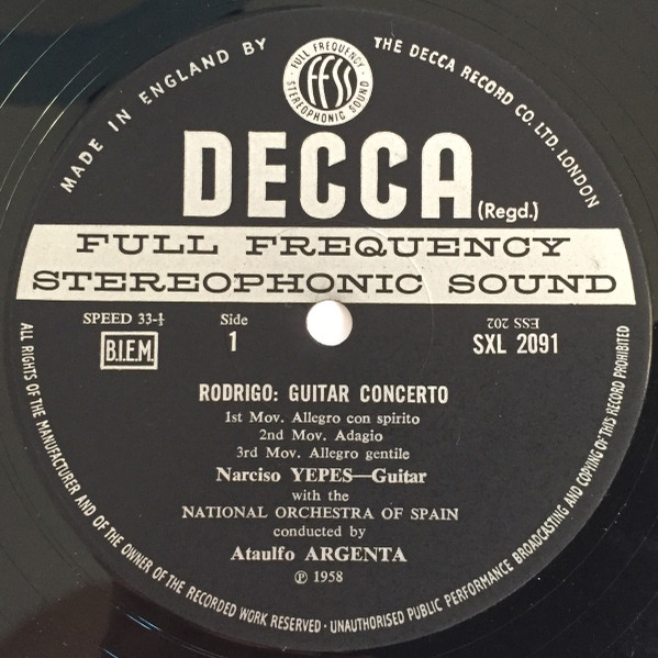 Manuel De Falla , Gonzalo Soriano / Joaquín Rodrigo , Narciso Yepes , Orquesta Nacional De España , Ataúlfo Argenta - Nights In The Gardens Of Spain / Guitar Concerto | Decca (SXL 2091) - 3