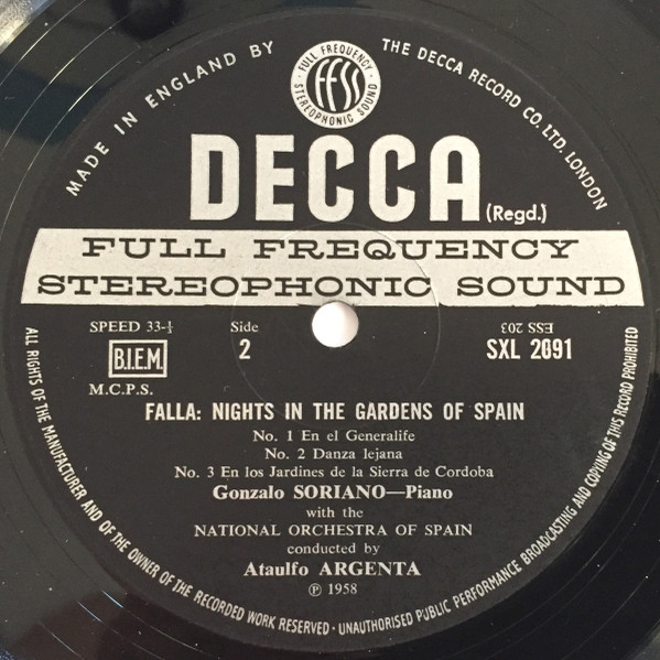 Manuel De Falla , Gonzalo Soriano / Joaquín Rodrigo , Narciso Yepes , Orquesta Nacional De España , Ataúlfo Argenta - Nights In The Gardens Of Spain / Guitar Concerto | Decca (SXL 2091) - 4