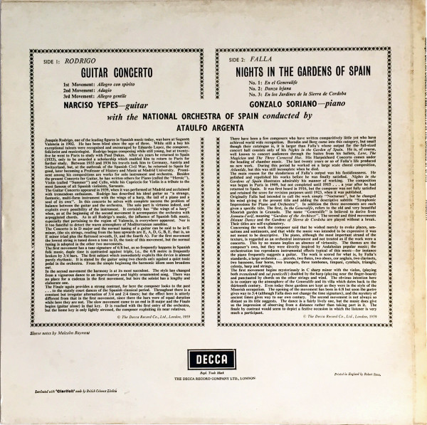 Manuel De Falla , Gonzalo Soriano / Joaquín Rodrigo , Narciso Yepes , Orquesta Nacional De España , Ataúlfo Argenta - Nights In The Gardens Of Spain / Guitar Concerto | Decca (SXL 2091) - 2