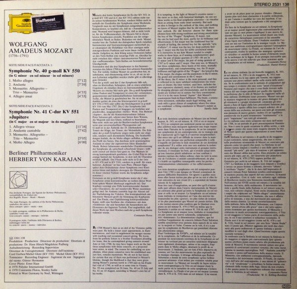 Wolfgang Amadeus Mozart , Berliner Philharmoniker , Herbert von Karajan - Symphonien No. 40 / No. 41 «Jupiter» | Deutsche Grammophon (2531 138) - 2
