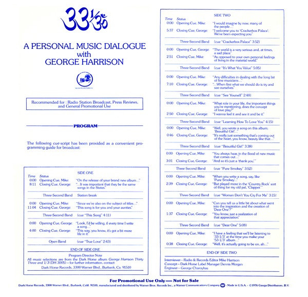 George Harrison - Dark Horse Records Presents A Personal Music Dialogue With George Harrison At 33 1/3 | Dark Horse Records (PRO 649) - 2 George Harrison - Dark Horse Records Presents A Personal Music Dialogue With George Harrison At 33 1/3 | Dark Horse Records (PRO 649) - 2