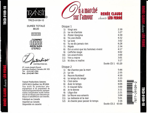 Renée Claude - On A Marché Sur L'Amour (Renée Claude Chante Léo Ferré) | Transit (TRCD-9109-10) - 3