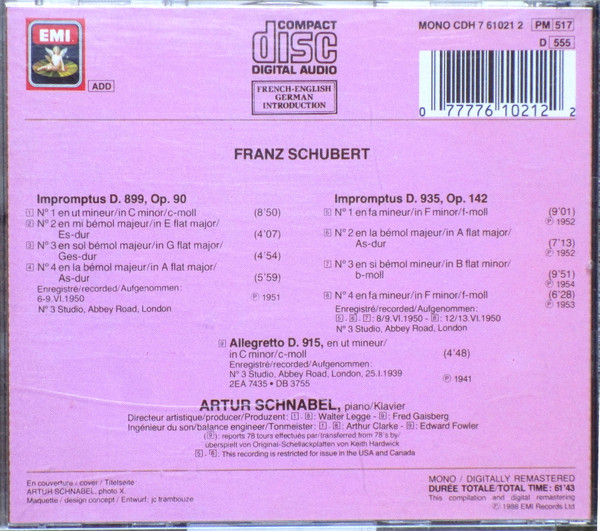 Franz Schubert - Artur Schnabel - Impromptus, D. 899 & D. 935 - Allegretto, D. 915 | Angel Records (CDH 7 61021 2) - 4