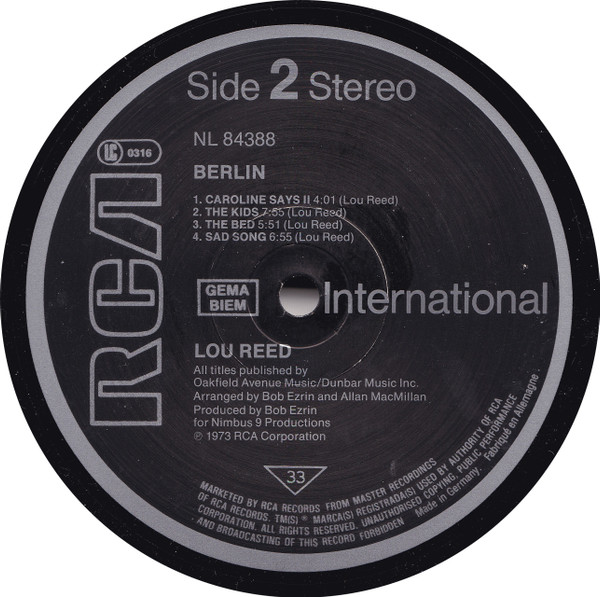 Lou Reed - Berlin | RCA International (NL 84388)