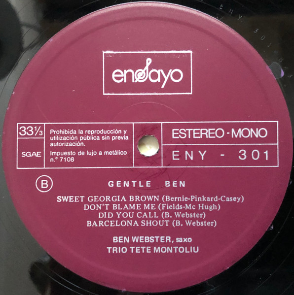 Ben Webster , Tete Montoliu Trio - Gentle Ben | Ensayo (ENY-301) - 4