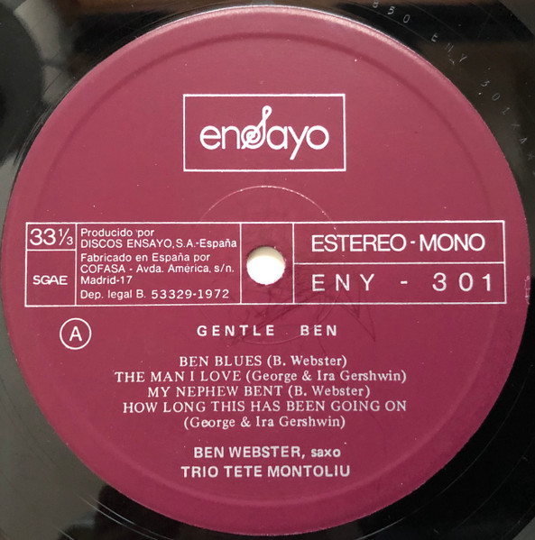 Ben Webster , Tete Montoliu Trio - Gentle Ben | Ensayo (ENY-301) - 3