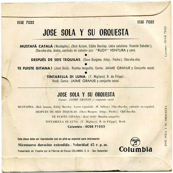 José Solá Y Su Orquesta - Mustapha (Cantado En Catalán Por "Rudy" Ventura Y Coro) | Columbia (ECGE 71332) - 2 José Solá Y Su Orquesta - Mustapha (Cantado En Catalán Por "Rudy" Ventura Y Coro) | Columbia (ECGE 71332) - 2