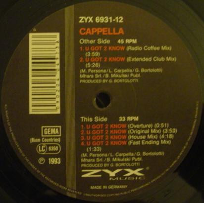 Cappella - U Got 2 Know | ZYX Music (ZYX 6931-12)