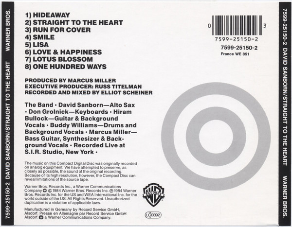 David Sanborn - Straight To The Heart | Warner Bros. Records (7599-25150-2) - 2
