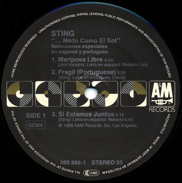 Sting - ...Nada Como El Sol (Selecciones Especiales En Espanol Y Portugues) | A&M Records (393 295-1) - 3 Sting - ...Nada Como El Sol (Selecciones Especiales En Espanol Y Portugues) | A&M Records (393 295-1) - 3