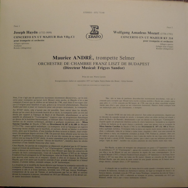 Maurice André / Joseph Haydn - Wolfgang Amadeus Mozart - Liszt Ferenc Chamber Orchestra - Deux Concertos Pour Trompette (Transcriptions Des Concertos Pour Hautbois HOB.VIIg: C1 Et KV 314) | Erato (STU 71148) - 2