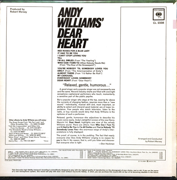 Andy Williams - Andy Williams' Dear Heart | Columbia (CL 2338) - 2 Andy Williams - Andy Williams' Dear Heart | Columbia (CL 2338) - 2