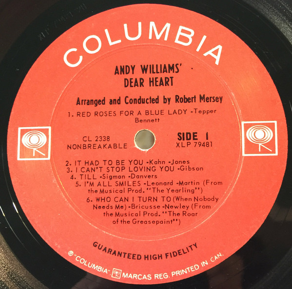 Andy Williams - Andy Williams' Dear Heart | Columbia (CL 2338) - 3 Andy Williams - Andy Williams' Dear Heart | Columbia (CL 2338) - 3