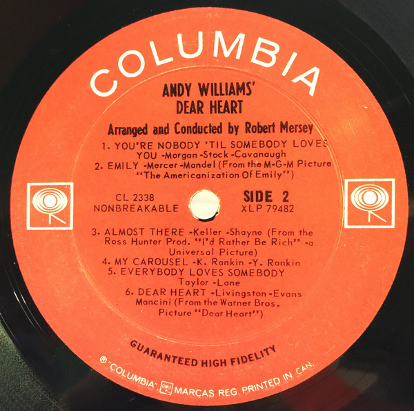 Andy Williams - Andy Williams' Dear Heart | Columbia (CL 2338) - 4 Andy Williams - Andy Williams' Dear Heart | Columbia (CL 2338) - 4