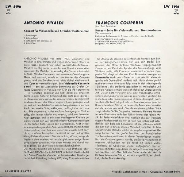 Antonio Vivaldi , François Couperin , Pierre Fournier , Stuttgarter Kammerorchester , Karl Münchinger - Cellokonzert E-moll / Konzert-Suite | Decca (LW 5196) - 2 Antonio Vivaldi , François Couperin , Pierre Fournier , Stuttgarter Kammerorchester , Karl Münchinger - Cellokonzert E-moll / Konzert-Suite | Decca (LW 5196) - 2