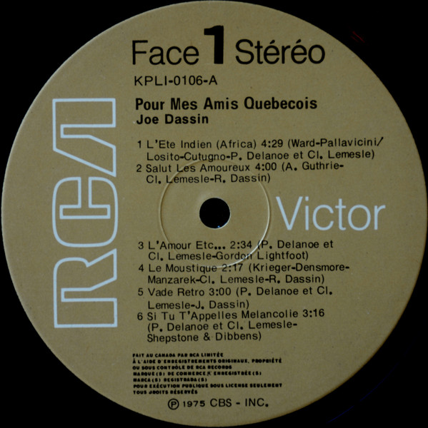 Joe Dassin - Pour Mes Amis Québécois | RCA Victor (KPL1 0106) - 2 Joe Dassin - Pour Mes Amis Québécois | RCA Victor (KPL1 0106) - 2