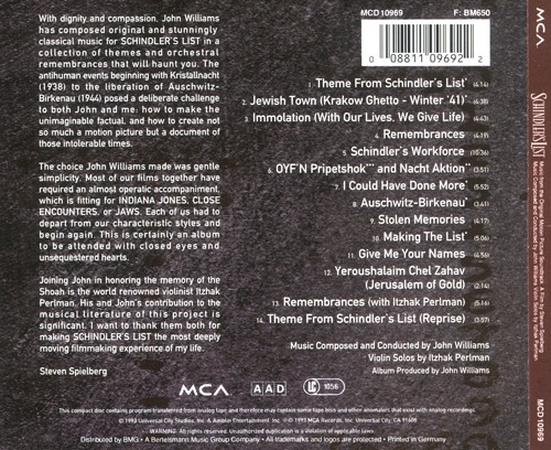 John Williams - Schindler's List (Music From The Original Motion Picture Soundtrack) | MCA Records (MCD 10969) - 2 John Williams - Schindler's List (Music From The Original Motion Picture Soundtrack) | MCA Records (MCD 10969) - 2