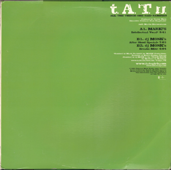 t.A.T.u. - All The Things She Said (12" Remixes) [Vinyl] | Interscope Records (INTR-10794-1) - 2