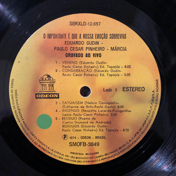 Eduardo Gudin , Paulo César Pinheiro , Márcia - O Importante É Que A Nossa Emoção Sobreviva - Gravado Ao Vivo | Odeon (SMOFB-3849) - 3